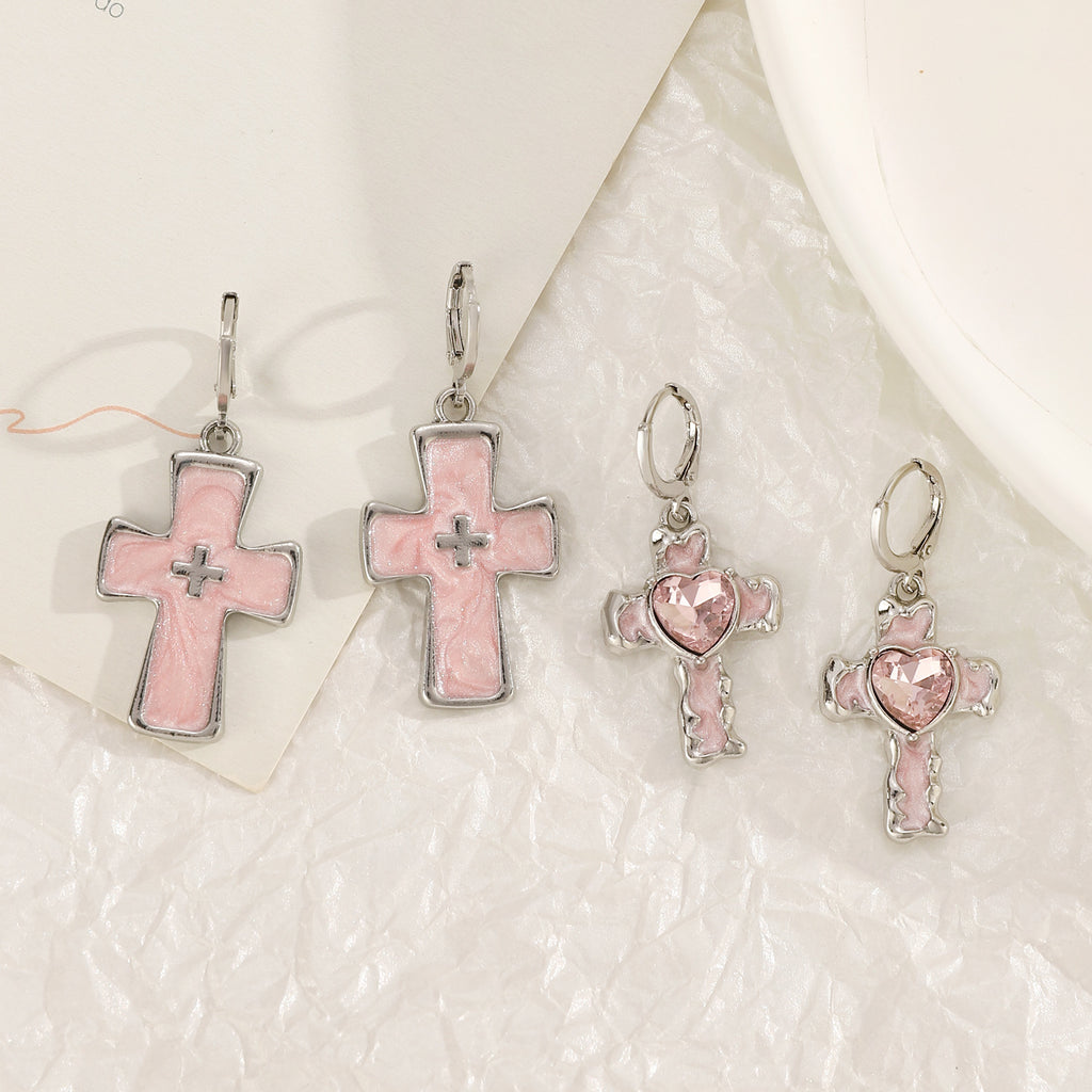 Pendientes rosa a cruz cristiana para mujeres