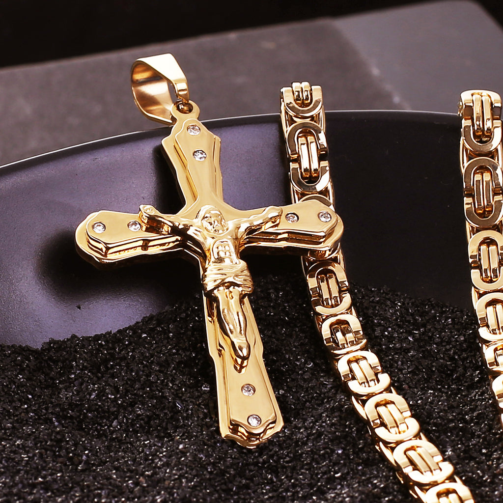 Collar cristiano con Colgante de Cruz Crucifijo Jesús en Oro  - Acero de Titanio