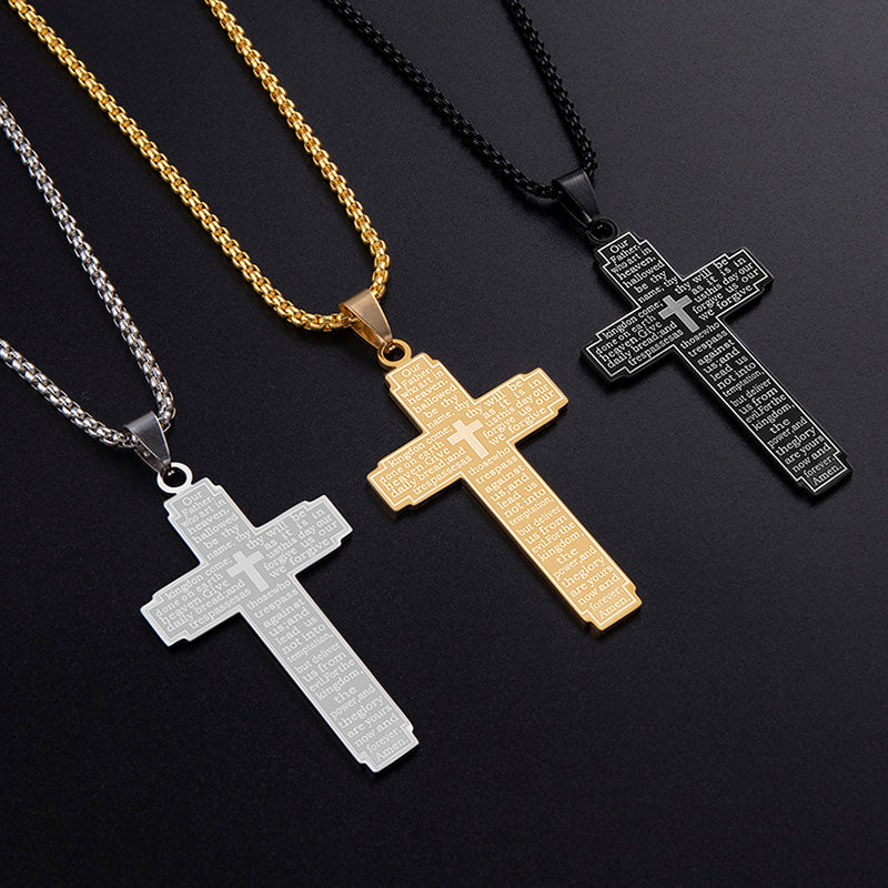 Collar de Cruz en Acero Inoxidable con Grabado del Padre Nuestro