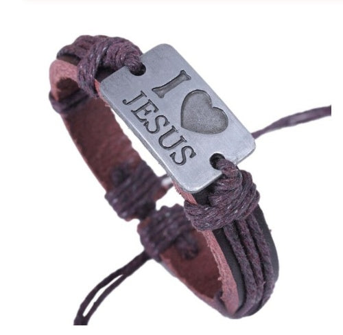Pulsera de cuero trenzado con placa de cruz y mensaje I Love Jesus para hombre y mujer