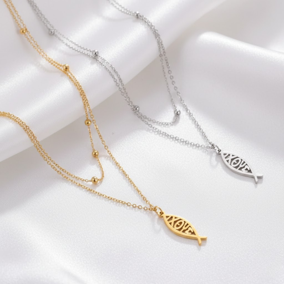 Collar Doble Capa Pez Ichthys Griego Acero Inoxidable para Mujer