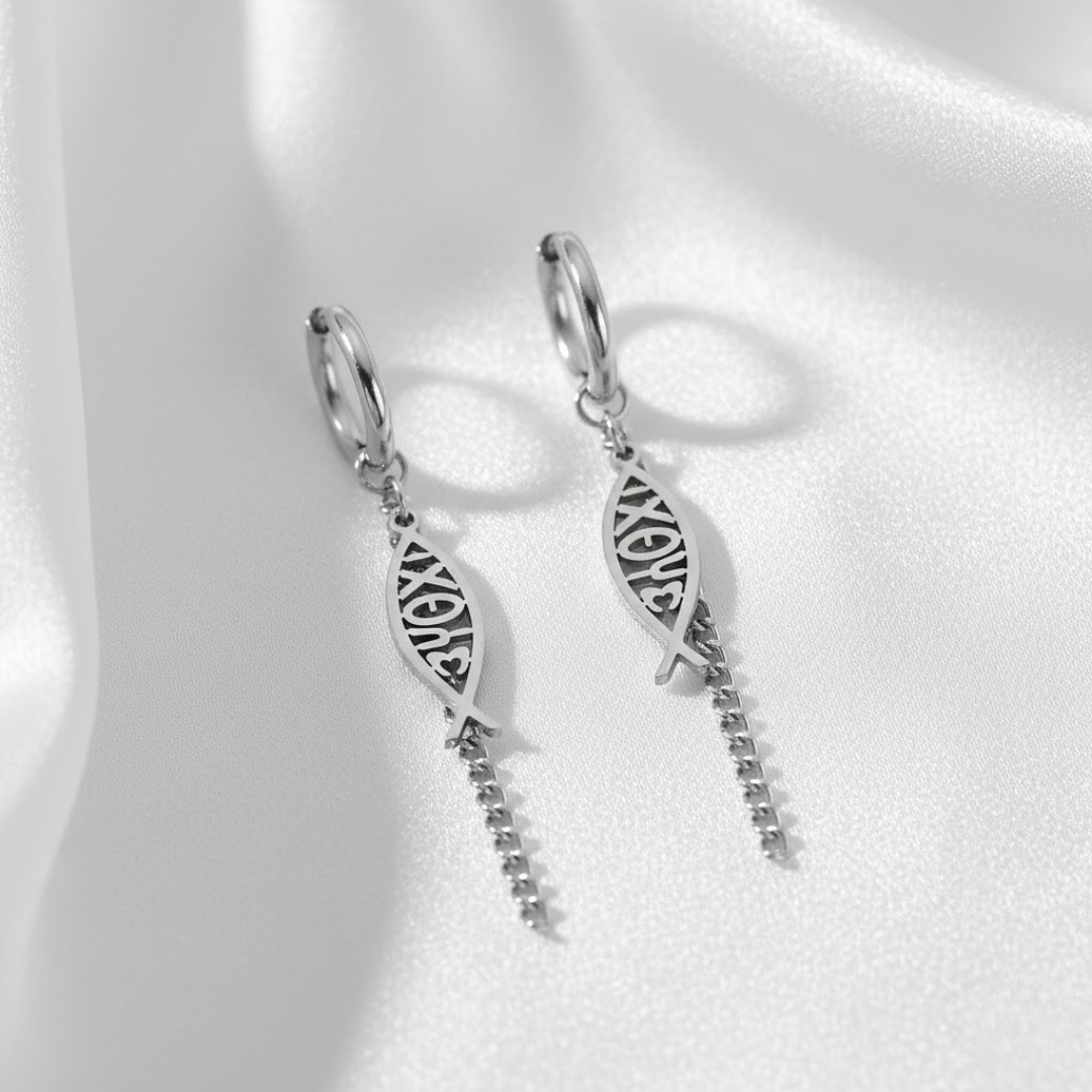 Varios Pendientes de Aro con Cadena y Pez Ichthys en Acero Inoxidable