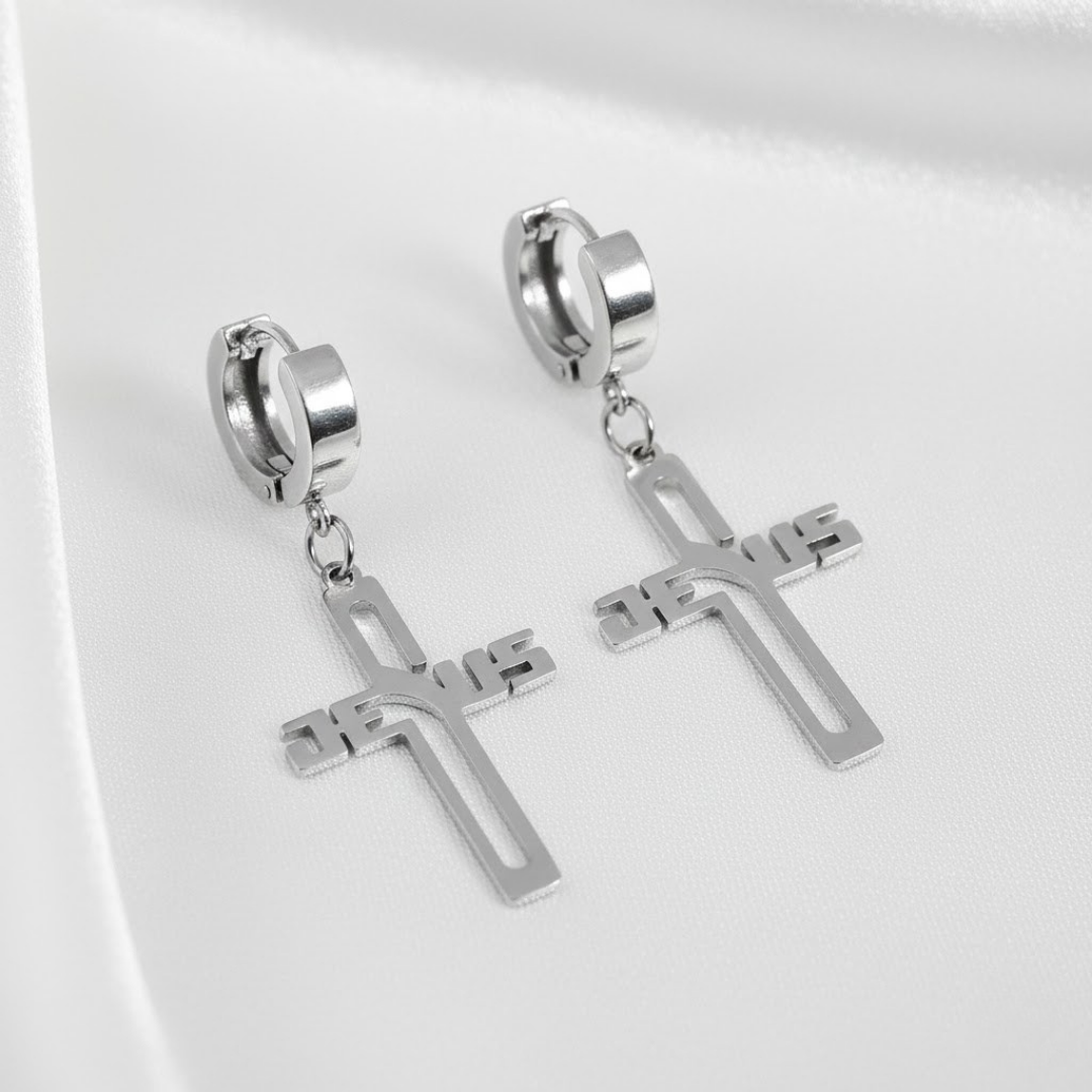 Pendientes de Cruz con Nombre de Jesús en Acero Inoxidable