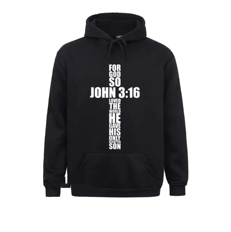 Sudadera Cristiana con Capucha Juan 3:16 Texto en Cruz