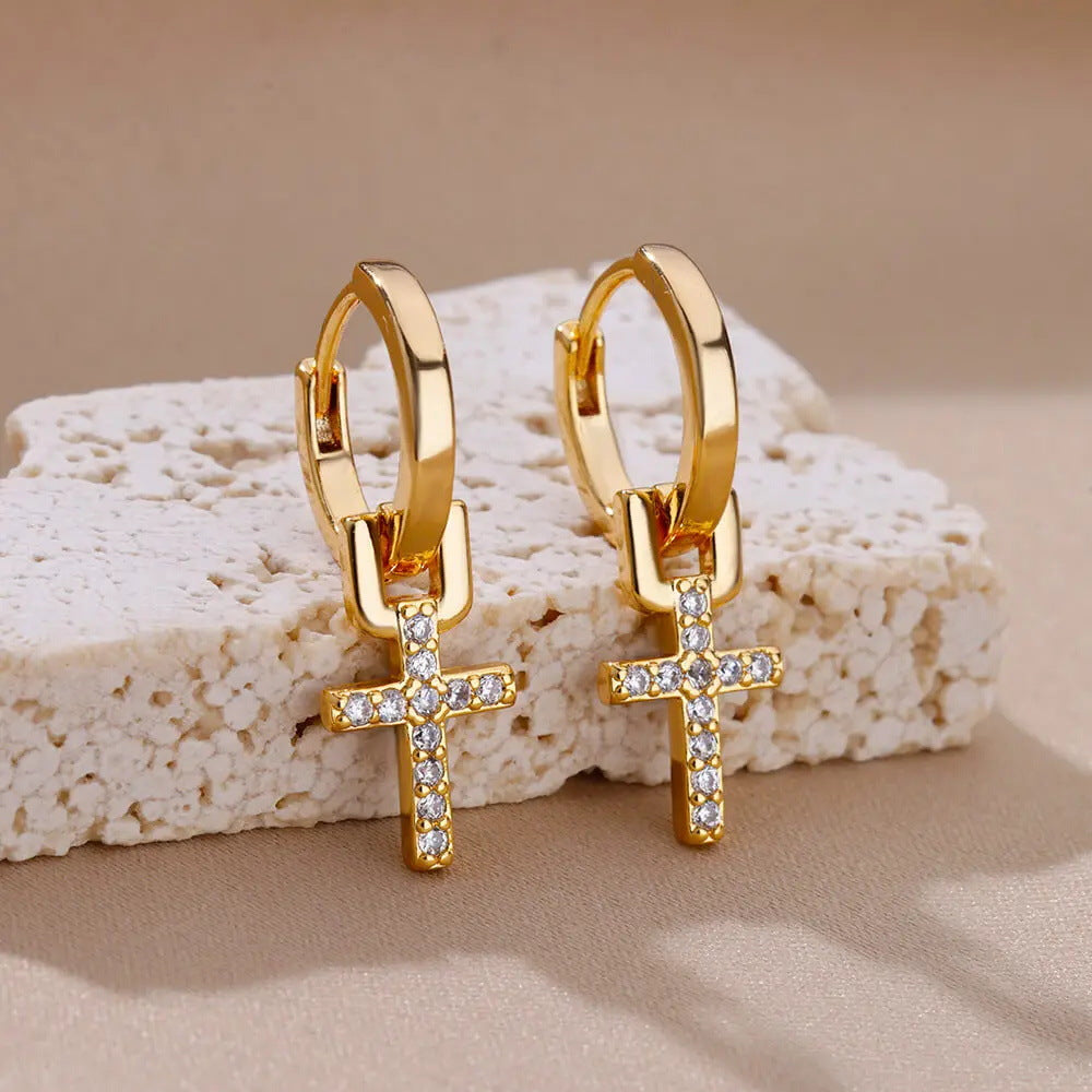 Pendientes geométricos con cruz – Acero inoxidable chapado en oro 18K para mujer