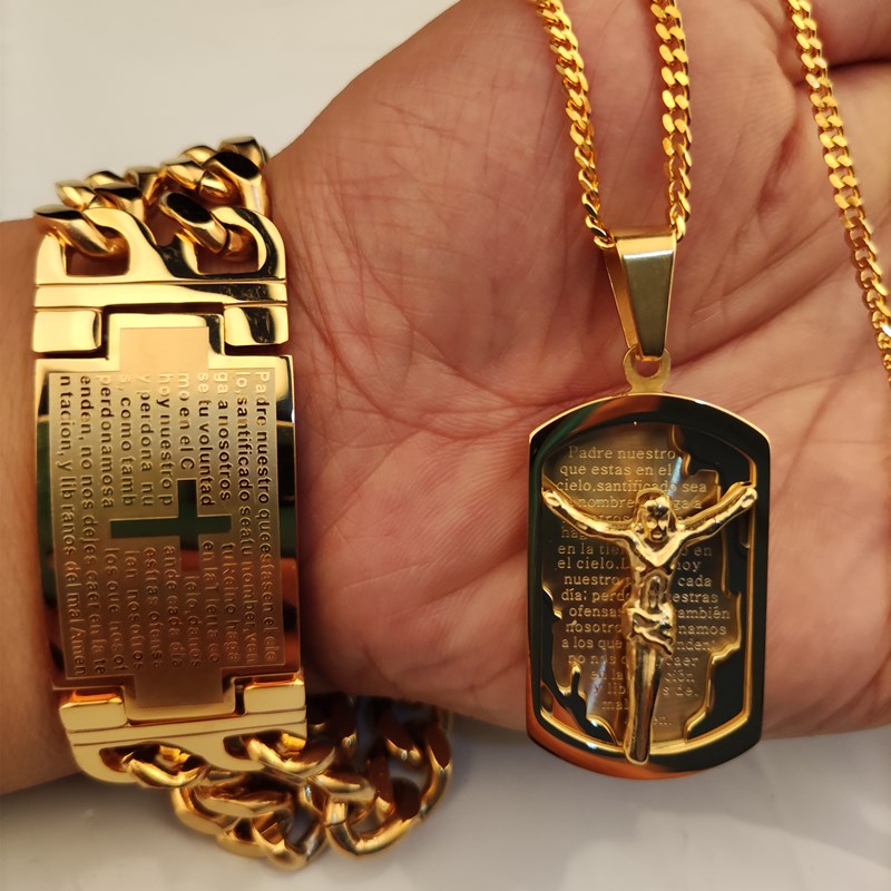Conjunto de Collar y Pulsera con Cruz de Jesús y Oración del Padre Nuestro