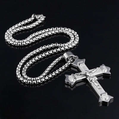 Collar con Dije de Crucifijo Cristo Jesús y Cadena Rolo Pesada en Acero Inoxidable