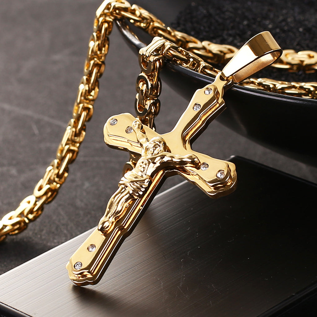Collar cristiano con Colgante de Cruz Crucifijo Jesús en Oro  - Acero de Titanio