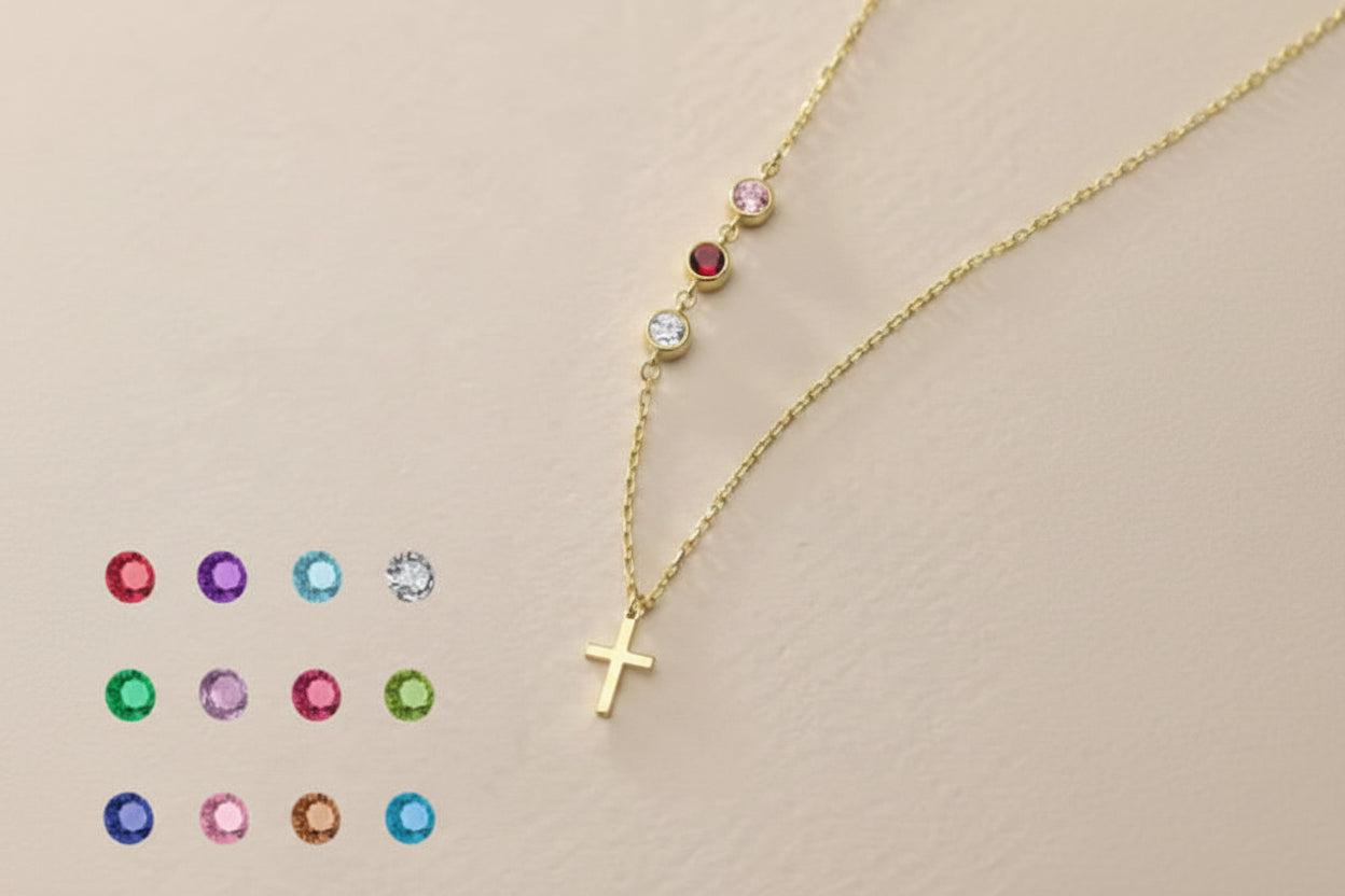 Collar Cruz con Piedras Personalizables - Acero Inoxidable