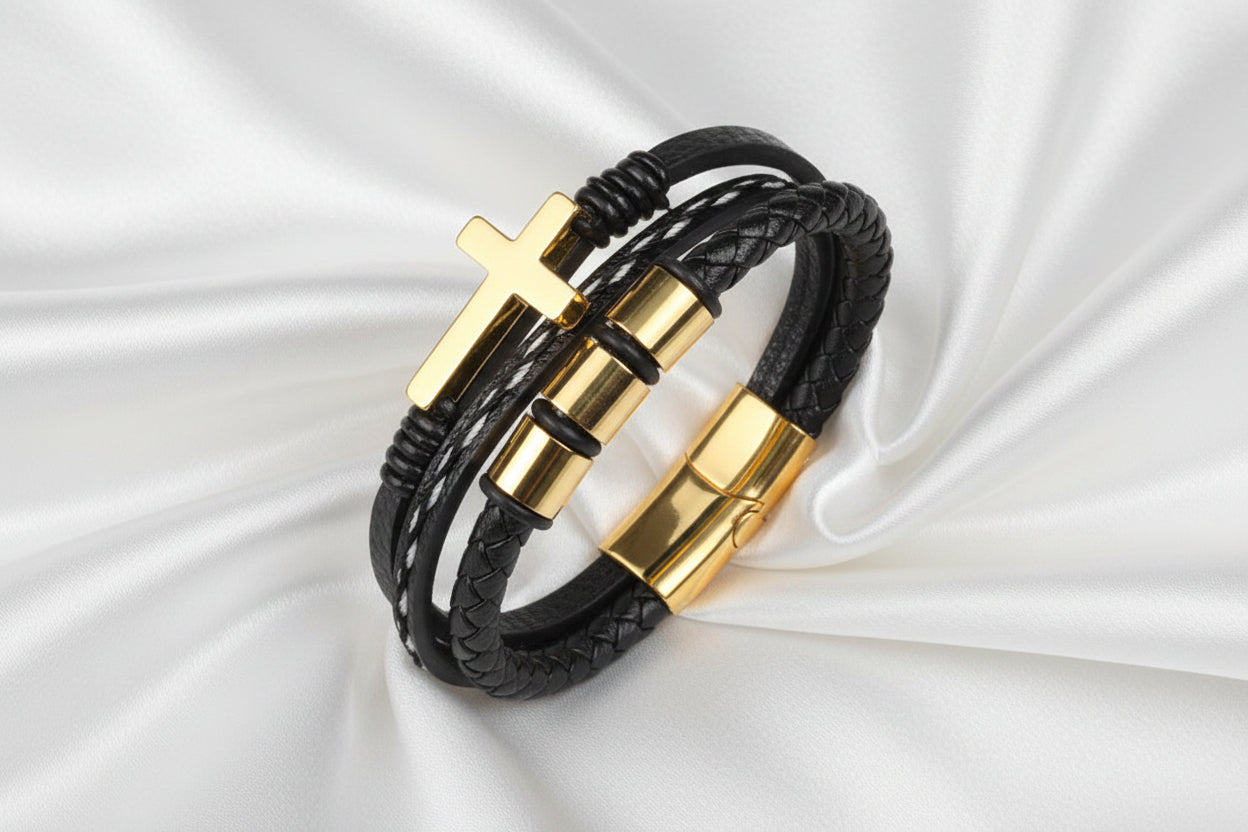 Brazalete de Cuero y Cruz de Acero "Cruz de Fe" - Personalizable