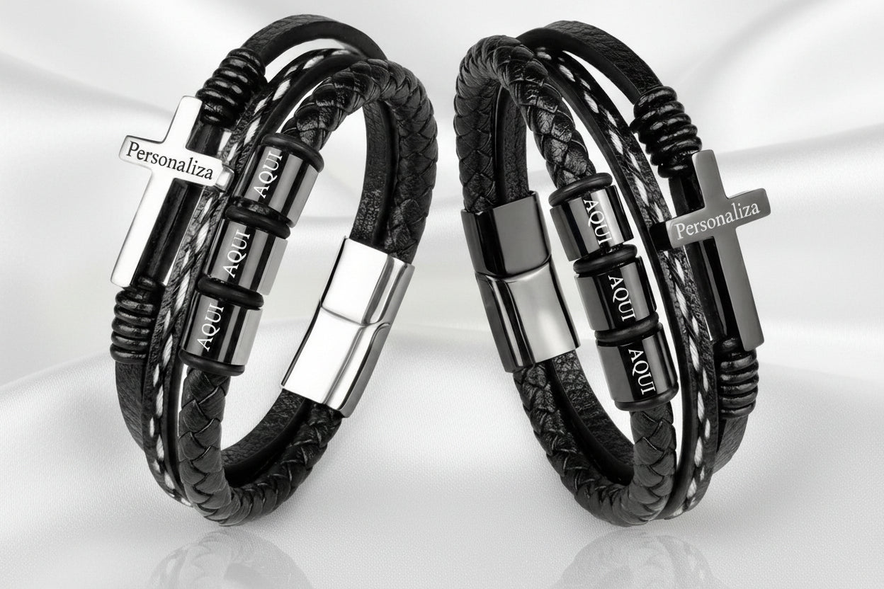 Brazalete de Cuero y Cruz de Acero "Cruz de Fe" - Personalizable