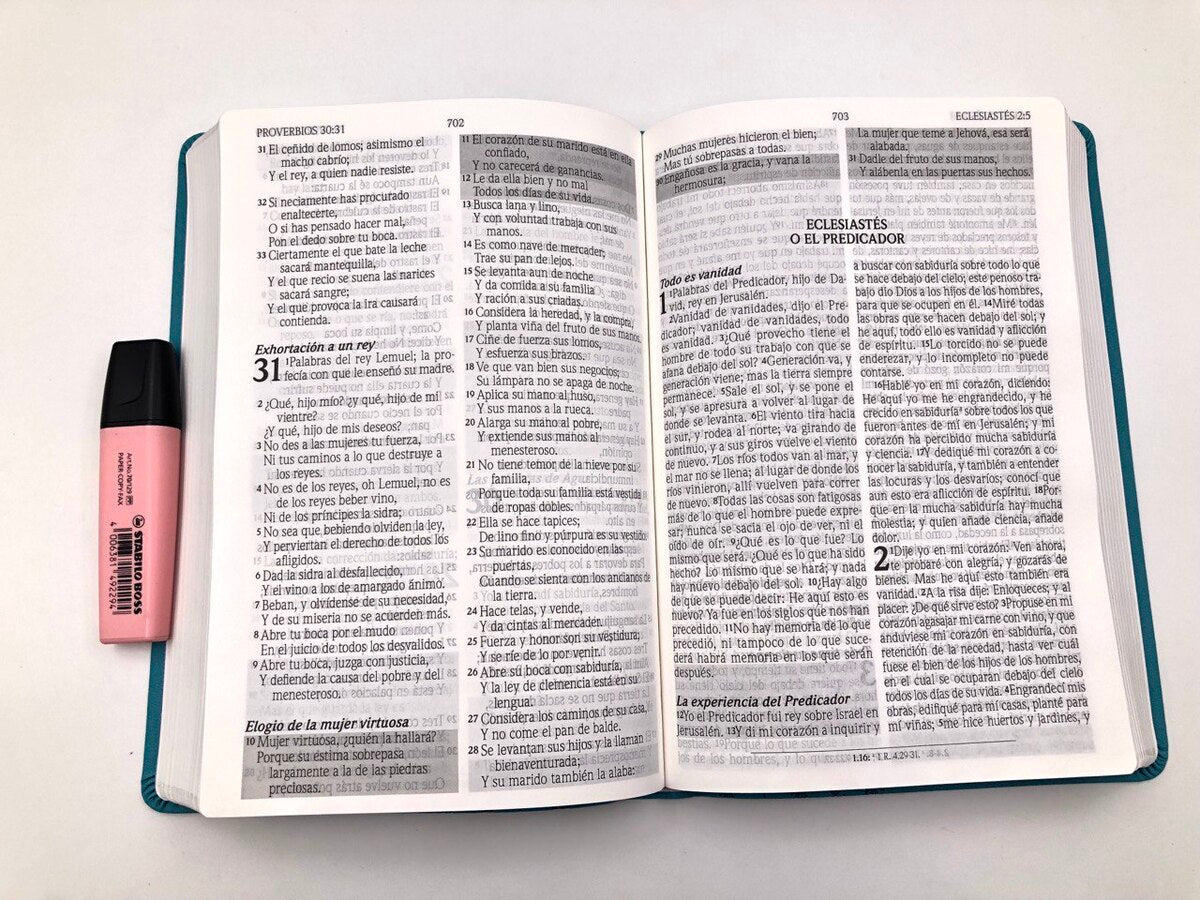 Biblia de Promesas RVR60 - NO Índice y NO Cremallera  - Grande, Letra Gigante 13 pt, Semipiel Turquesa 2 Tonos