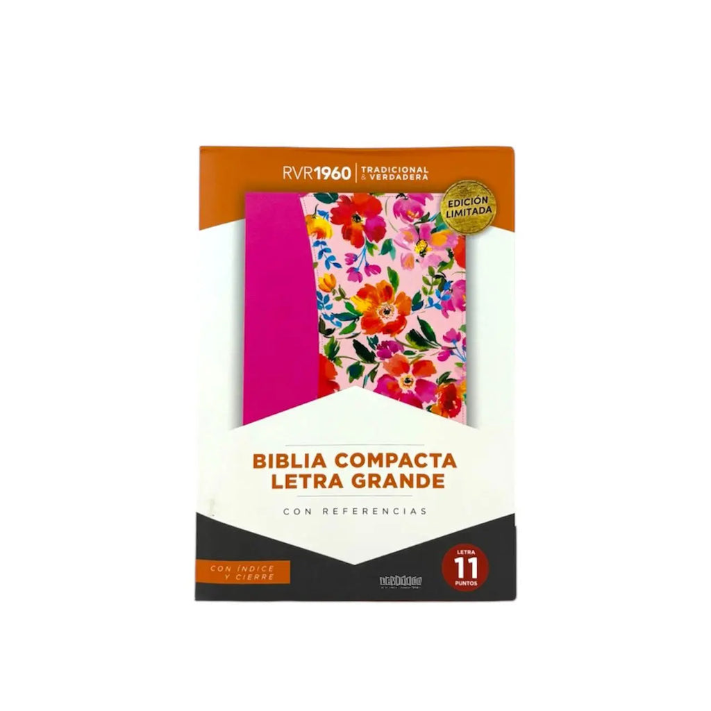 Biblia Reina-Valera 1960 – Compacta, Letra Grande, Fucsia Floral, Cremallera e Índice