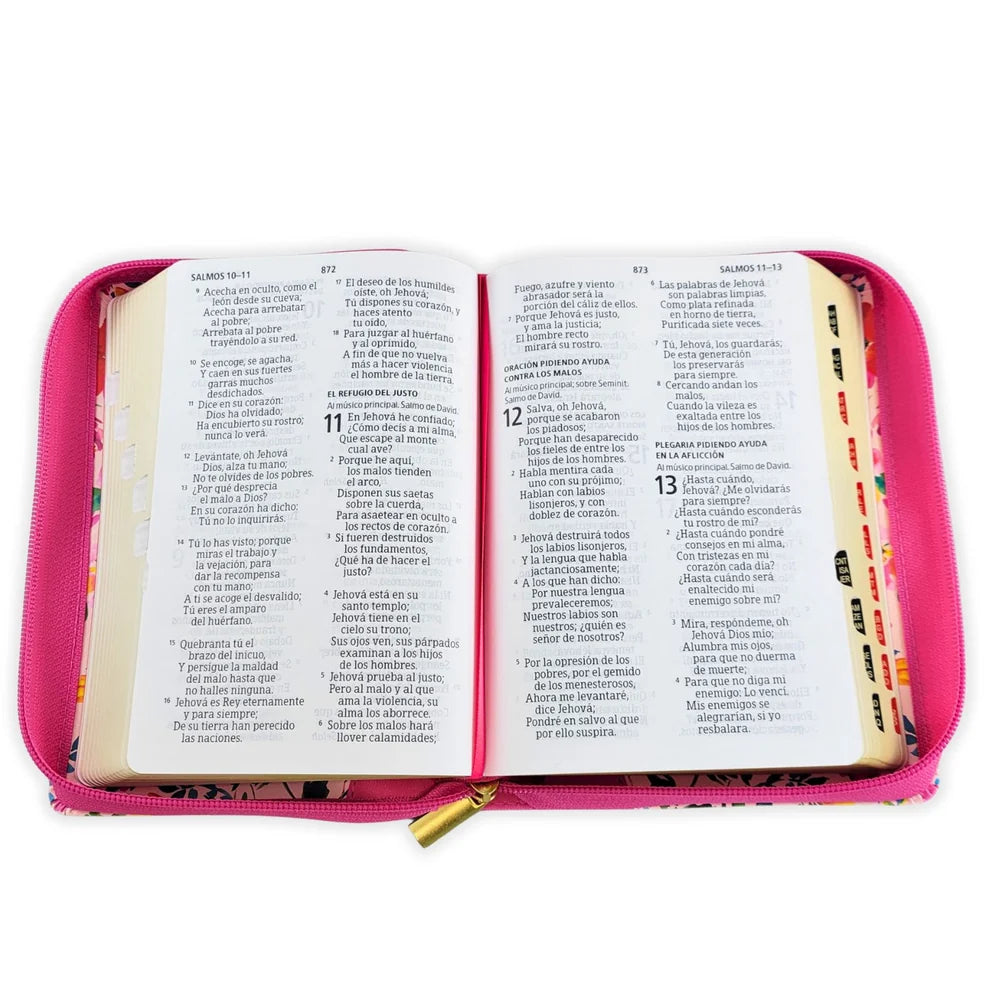 Biblia Reina-Valera 1960 – Compacta, Letra Grande, Fucsia Floral, Cremallera e Índice