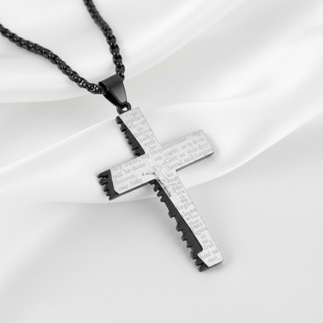Collar con colgante de cruz de Jesús con grabado del Padre Nuestro para hombre en acero de titanio