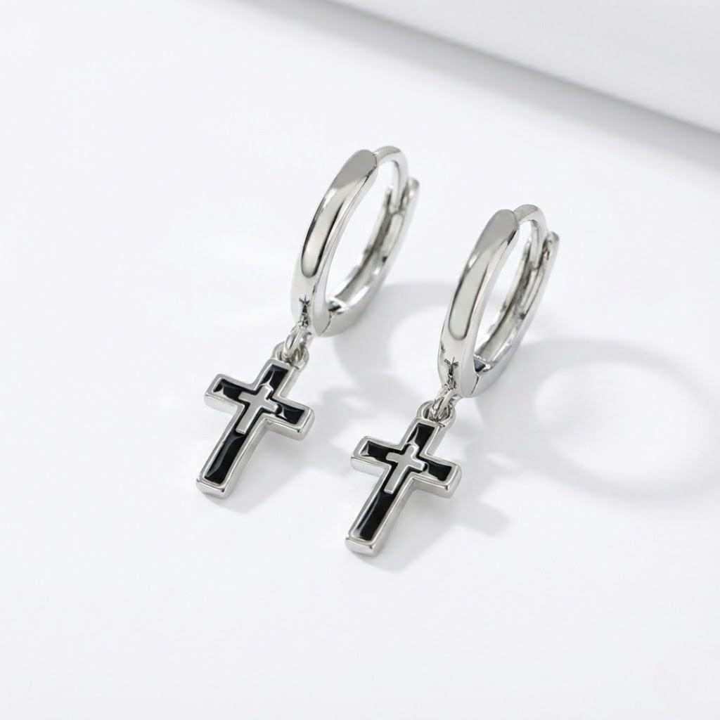 Pendientes cruz unisex – Metal plateado