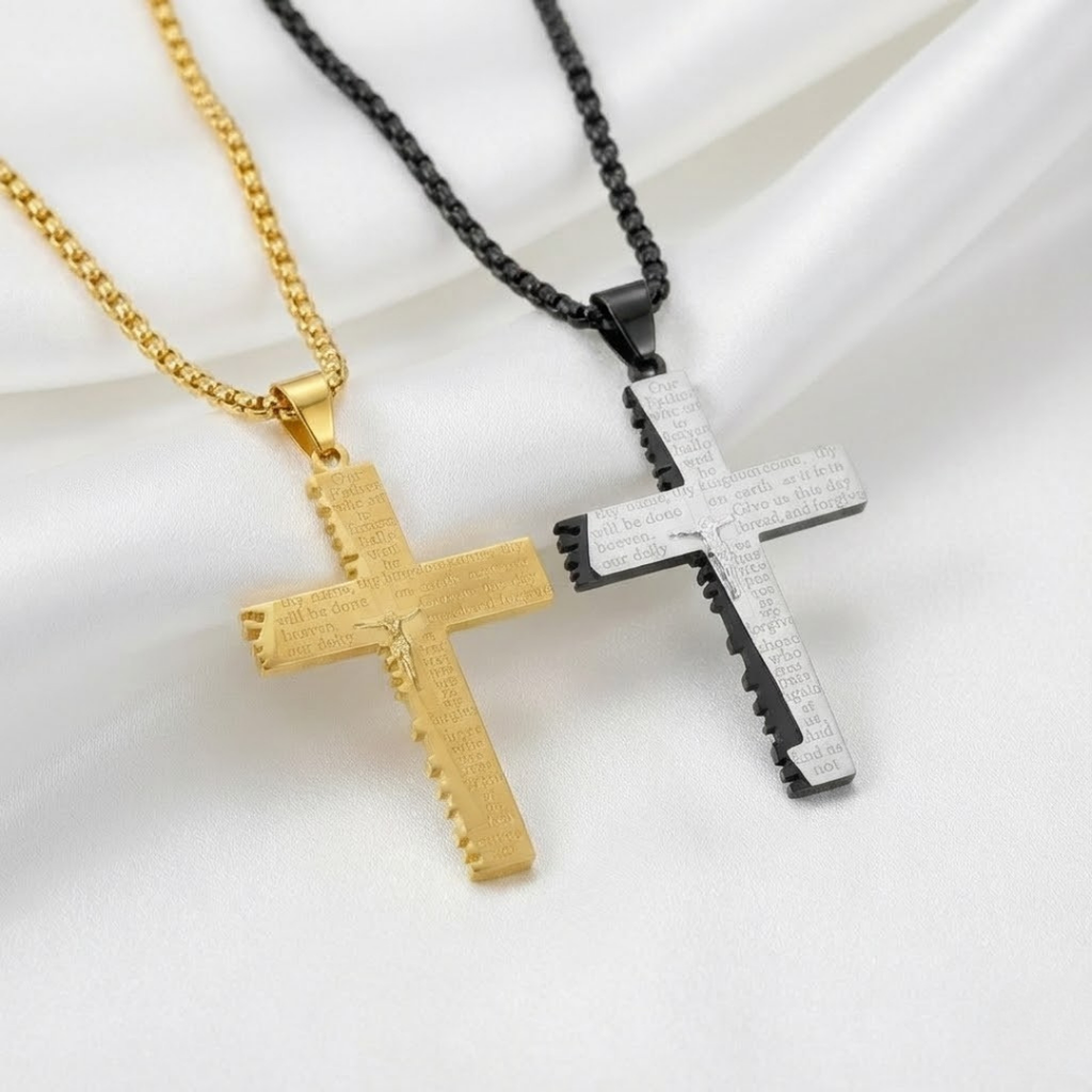 Collar con colgante de cruz de Jesús con grabado del Padre Nuestro para hombre en acero de titanio