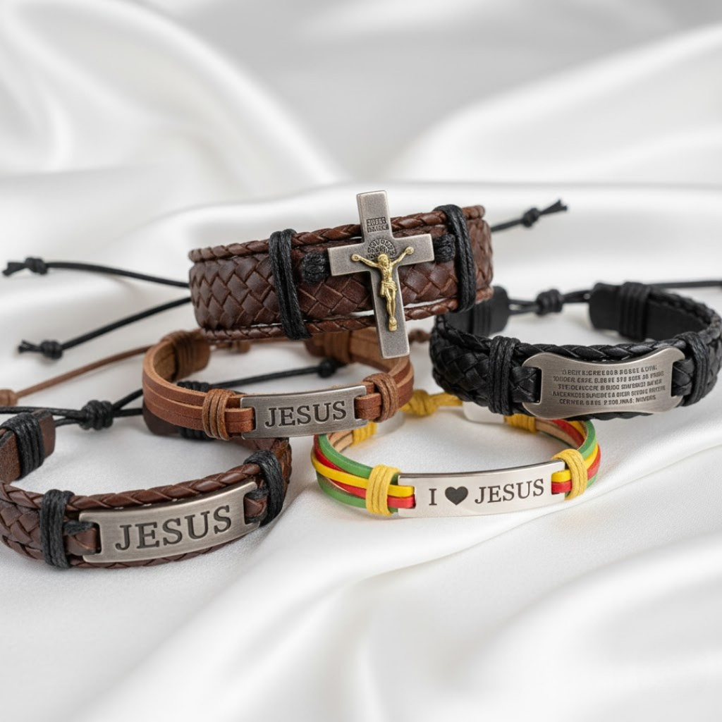 Pulsera de cuero trenzado con placa de cruz y mensaje I Love Jesus para hombre y mujer