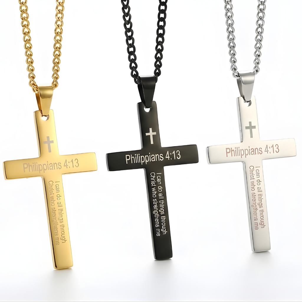 Collar con Colgante de Cruz y Versículo de Filipenses en Acero Inoxidable