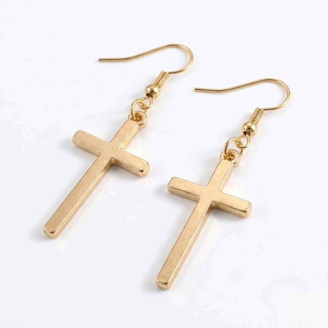 Pendientes cruz cristiana unisex – Aleación con baño en oro o plata