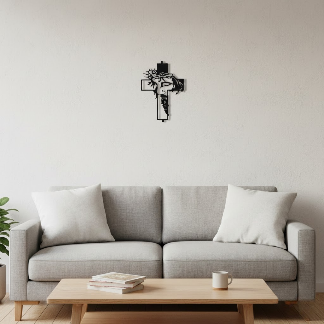 Cruz de Metal con Rostro de Jesús Decoración de Pared Cristiana