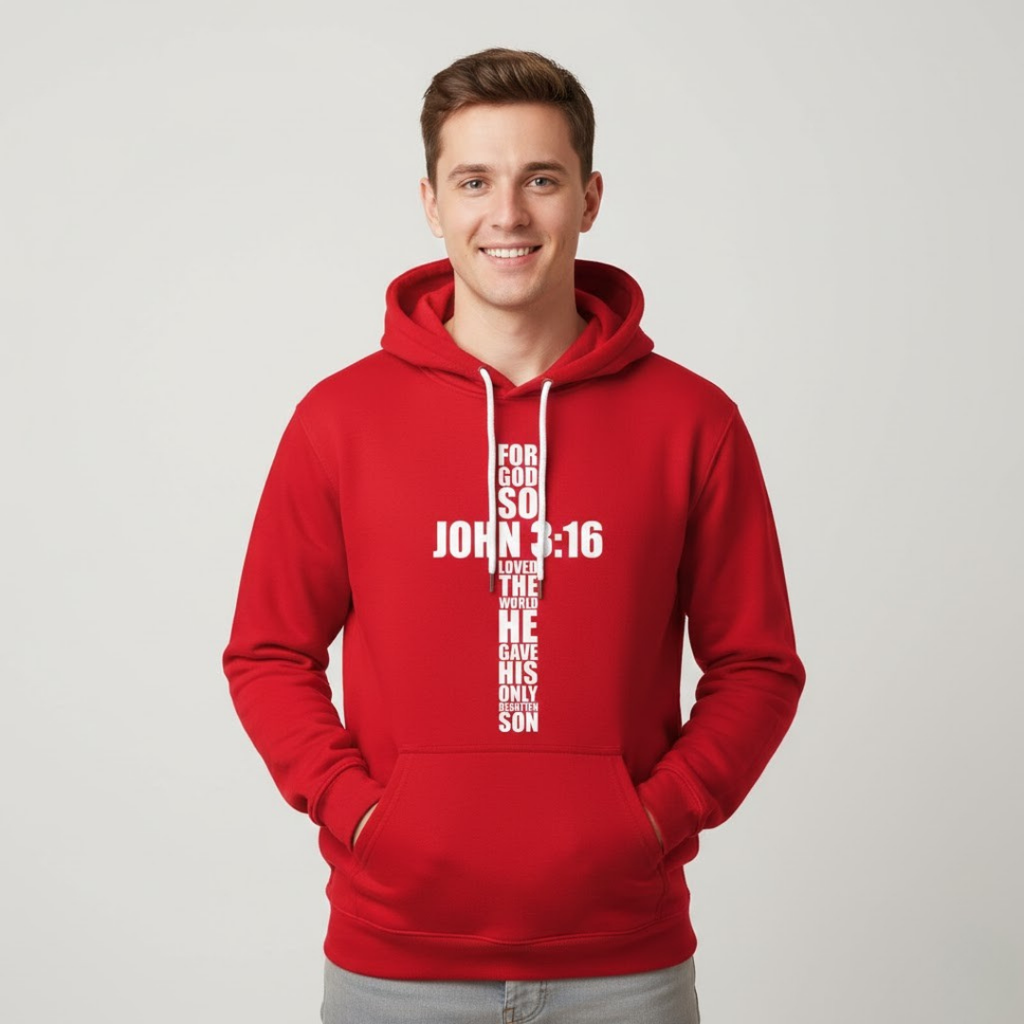 Sudadera Cristiana con Capucha Juan 3:16 Texto en Cruz