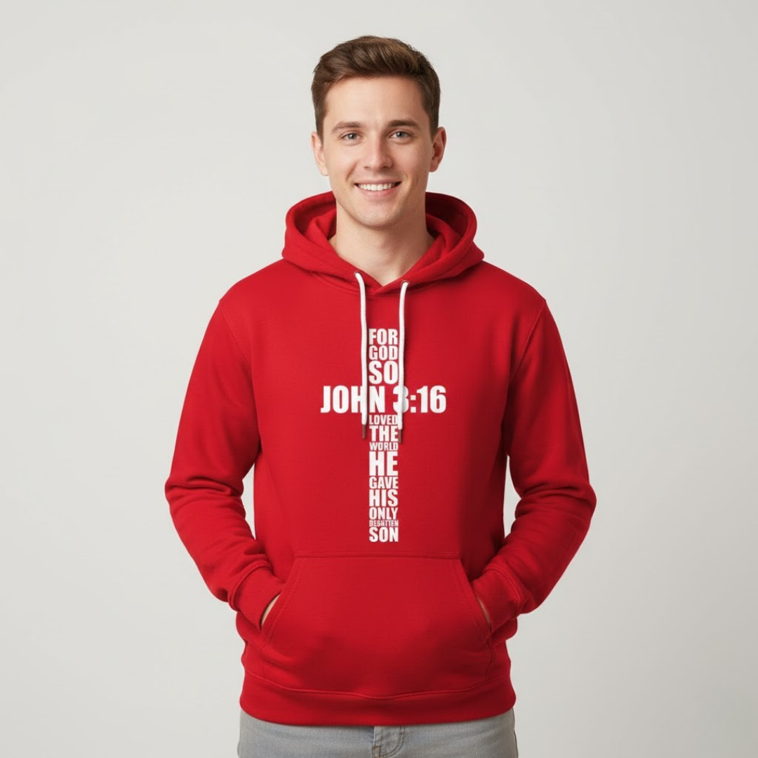 Sudadera Cristiana con Capucha Juan 3:16 Texto en Cruz