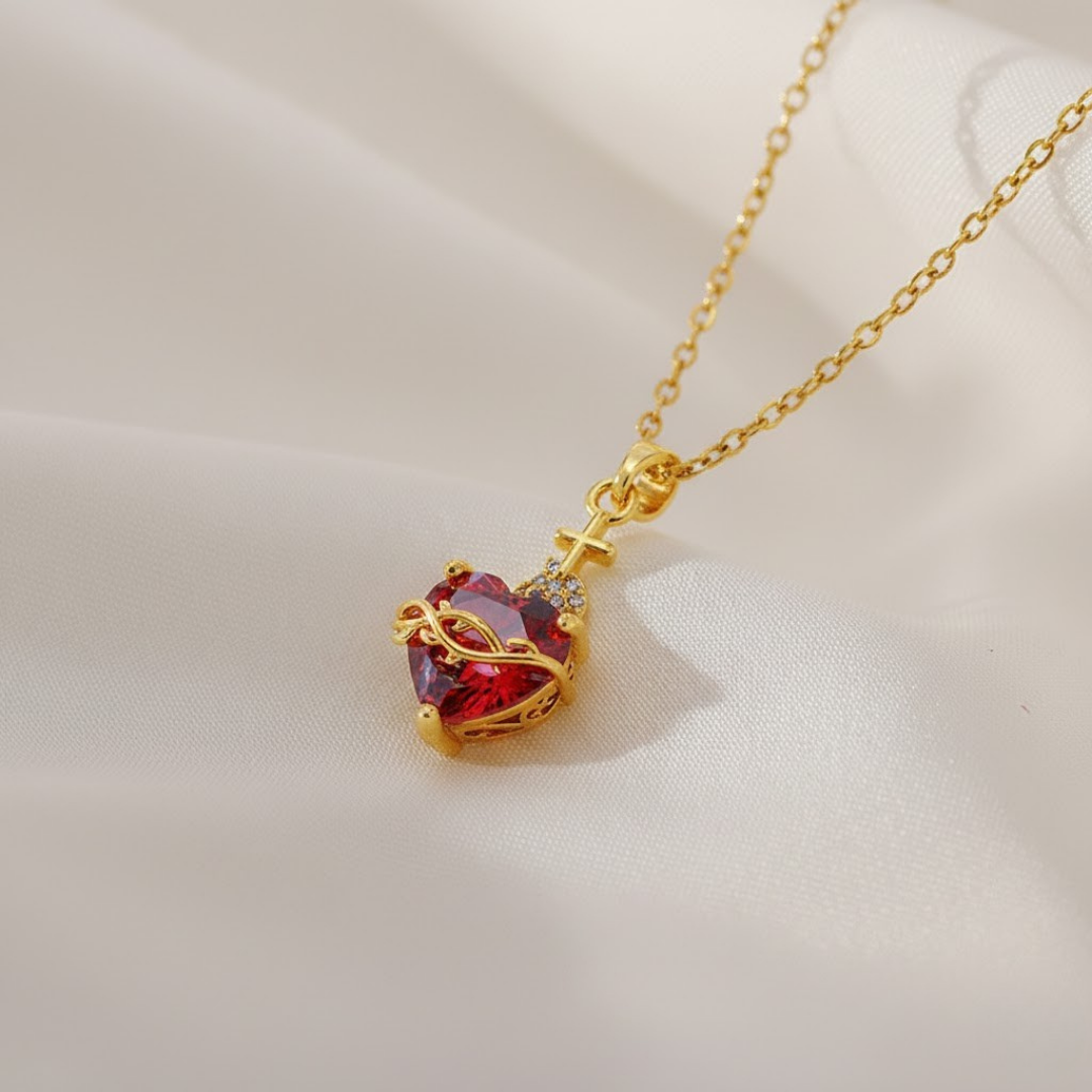 Collar Cristiano con Corazón Rojo, Cruz y Corona de Espinas en Acero Inoxidable