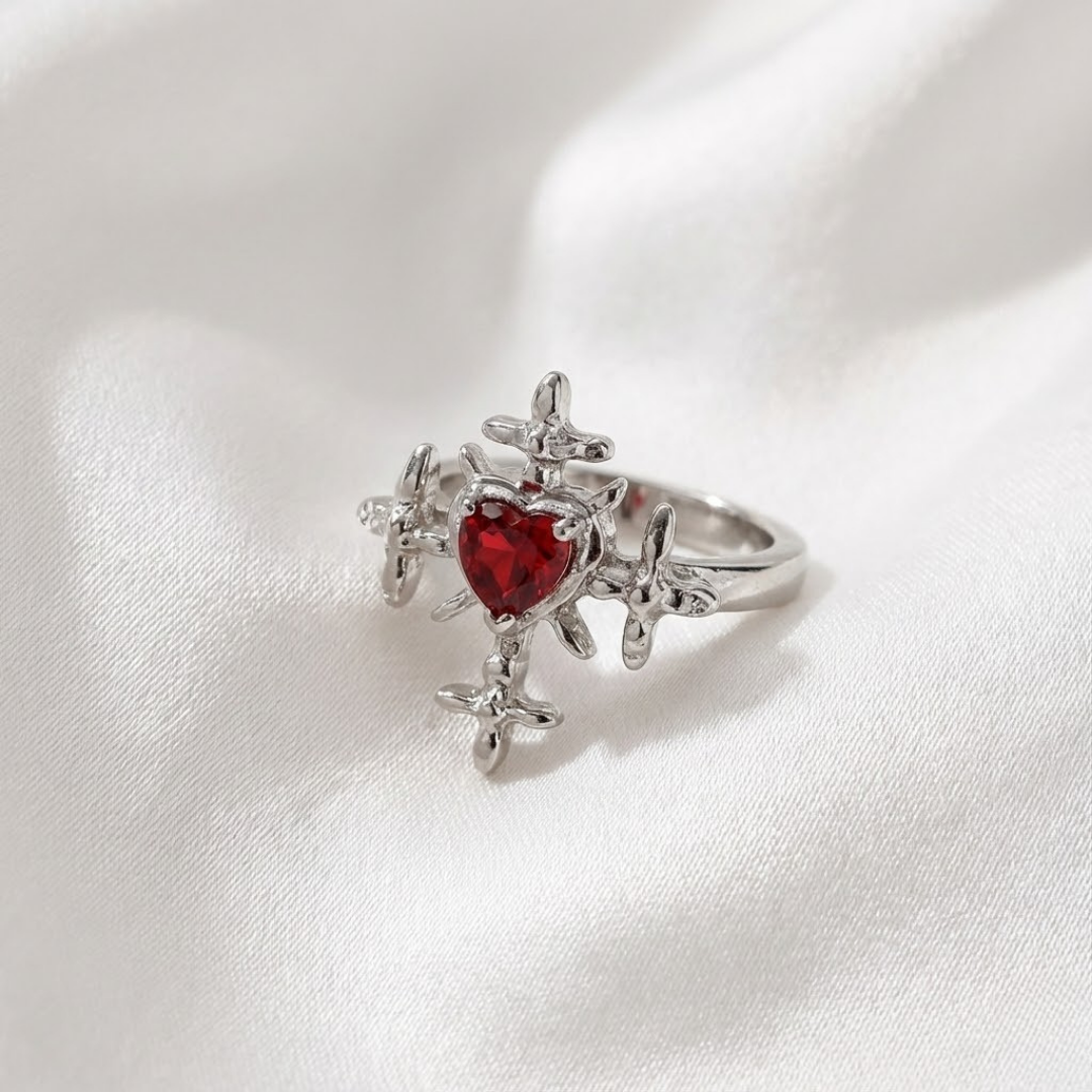 Anillo Cristiano Corazón de Cristo con Corona de Espinas y Circonia Roja