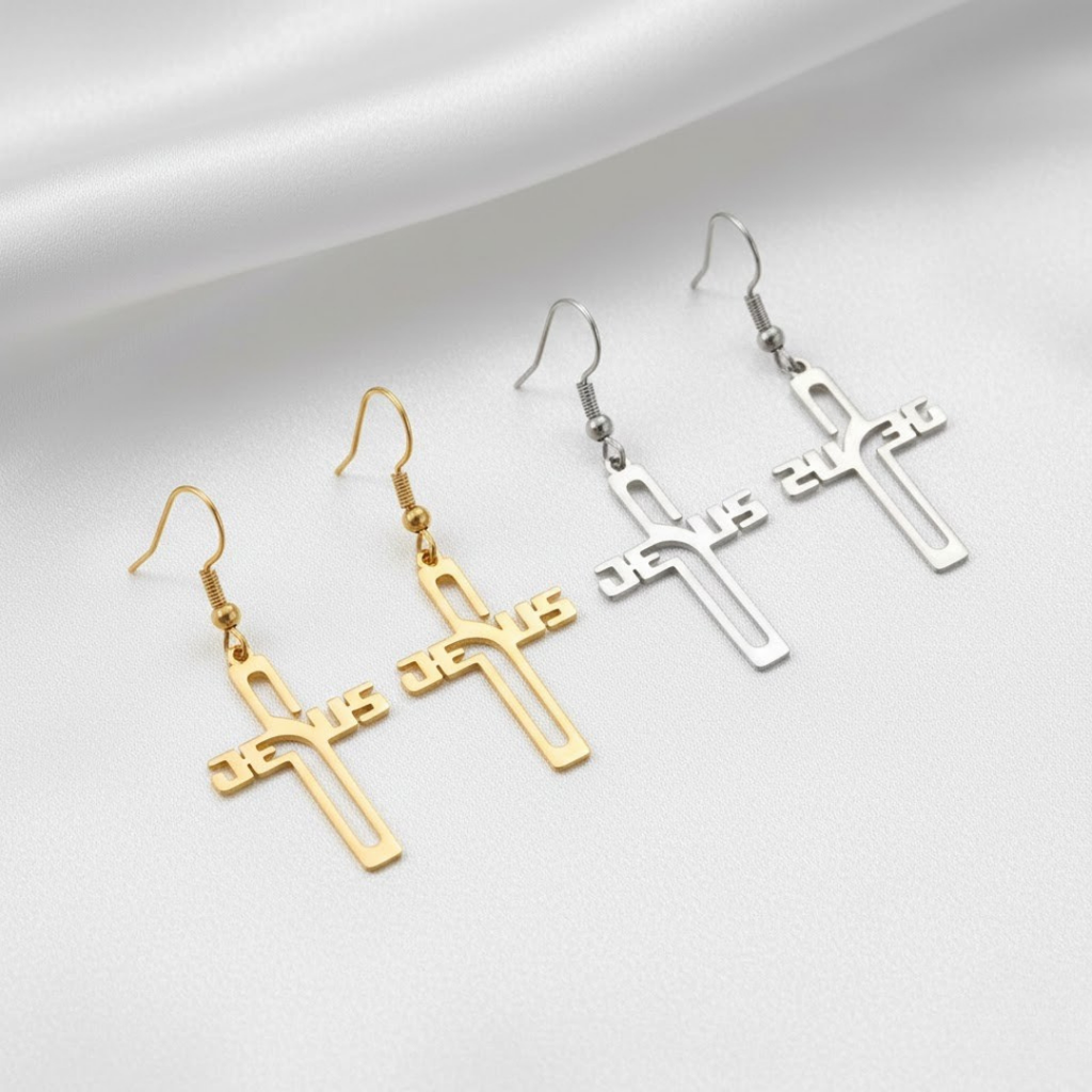 Pendientes de Cruz con Nombre de Jesús en Acero Inoxidable