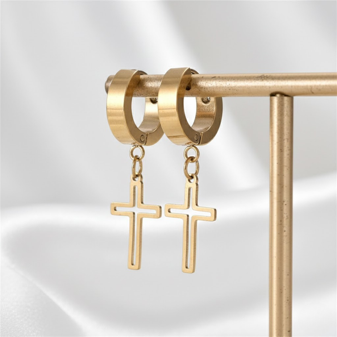 Pendientes de Aro con Cruz Minimalista en Acero Inoxidable