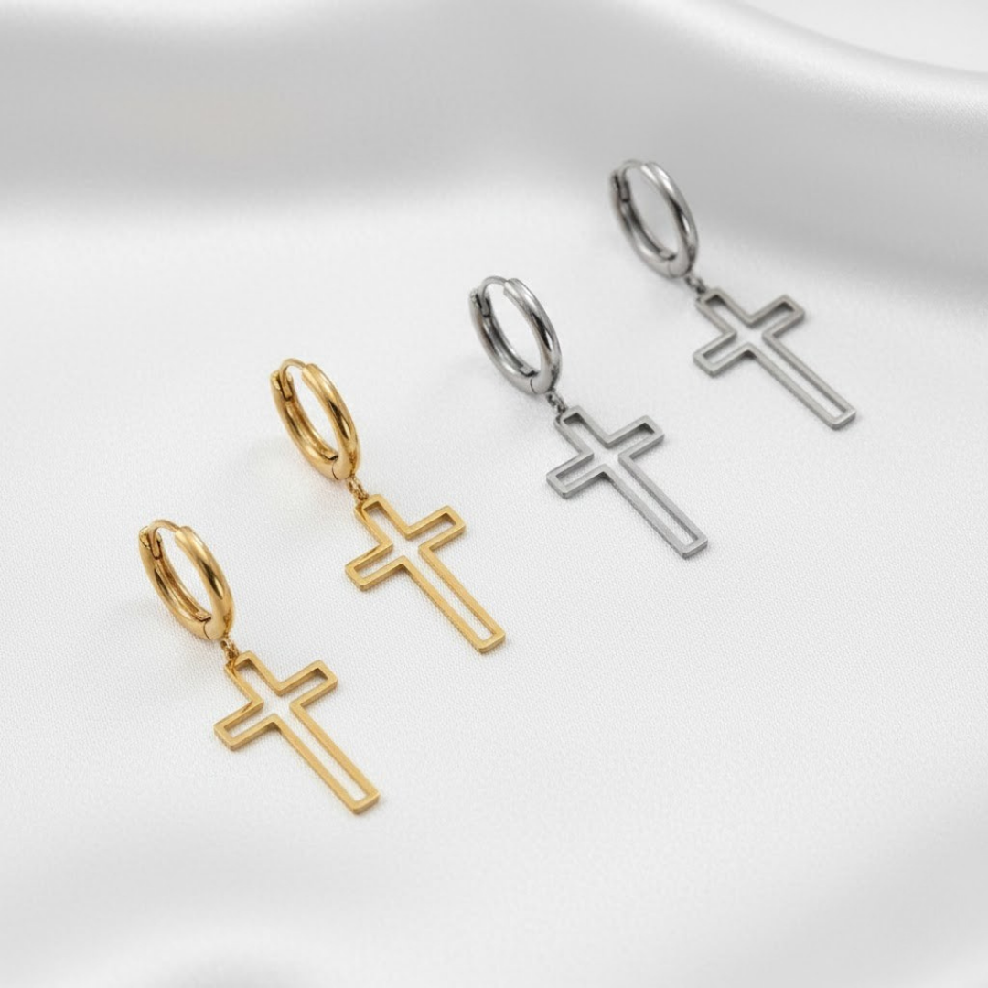 Pendientes de Aro con Cruz Minimalista en Acero Inoxidable