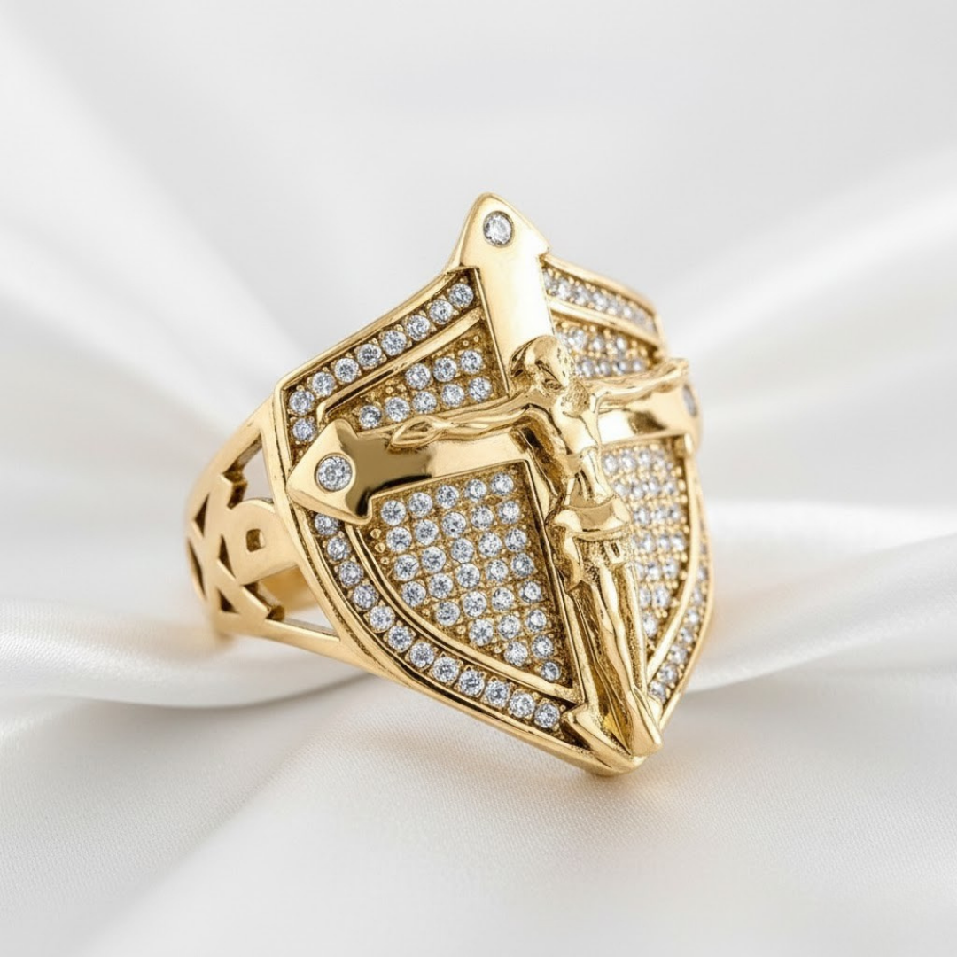Anillo de Escudo con Cruz de Jesús y Gemas Artificiales