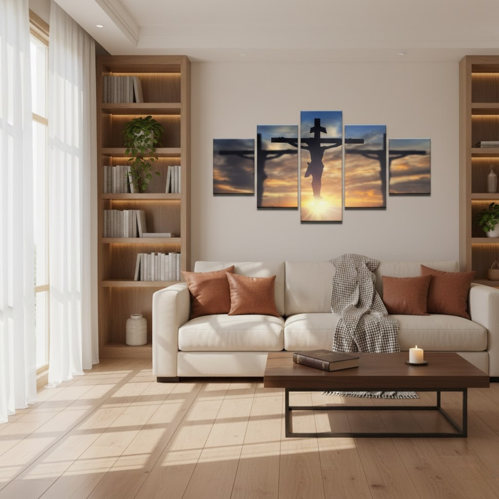 Cuadro Cristiano Jesucristo en la Cruz Paisaje Atardecer