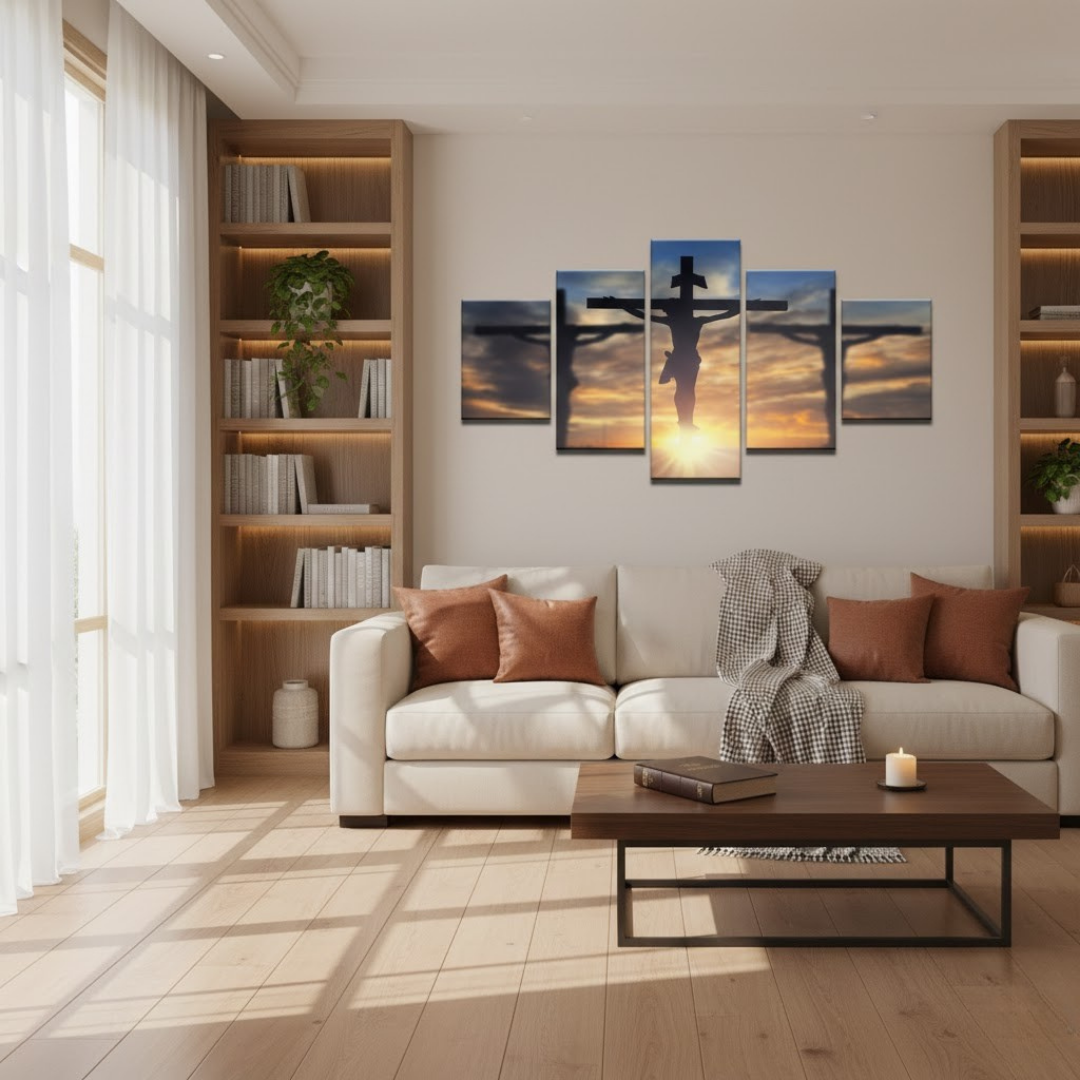 Cuadro Cristiano Jesucristo en la Cruz Paisaje Atardecer