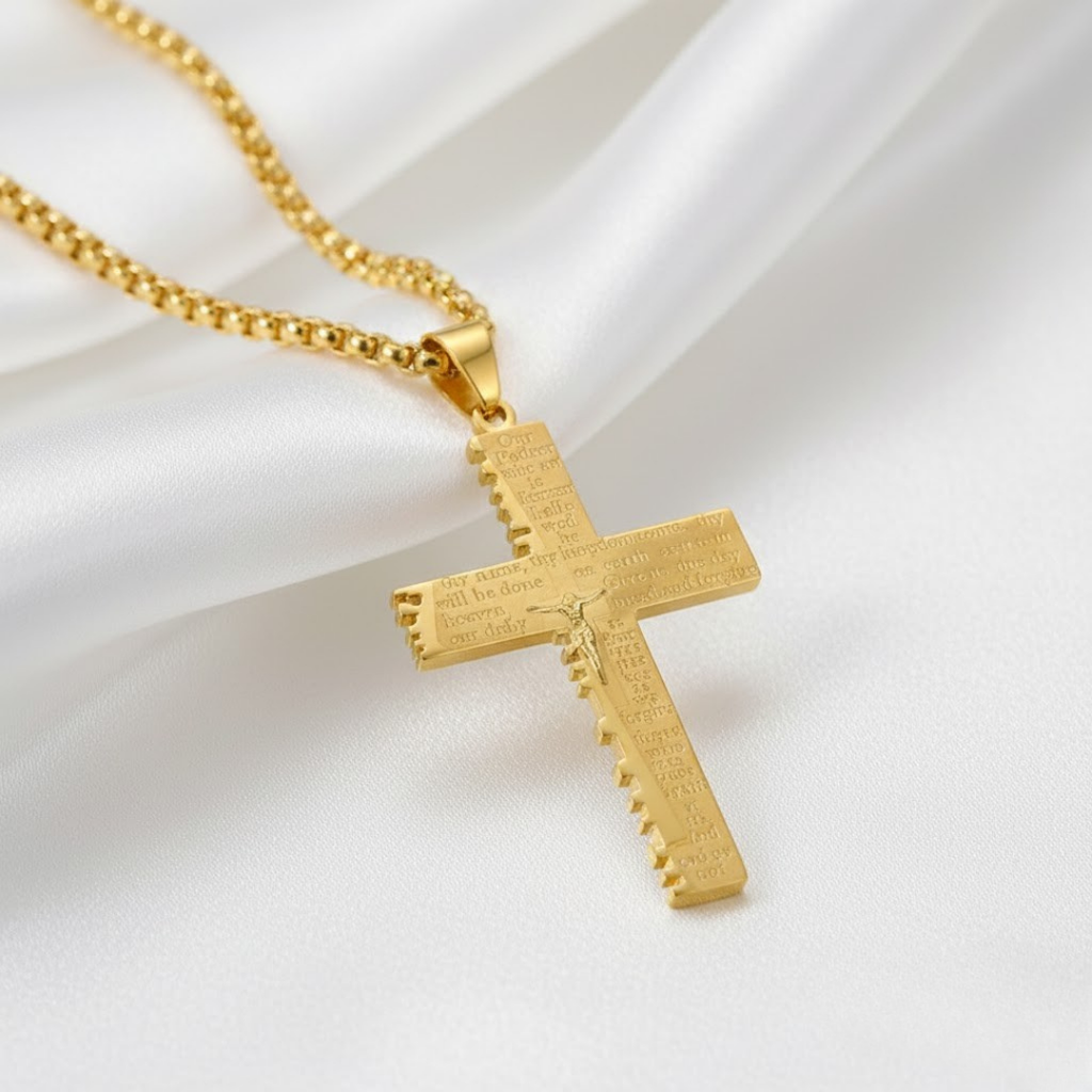 Collar con colgante de cruz de Jesús con grabado del Padre Nuestro para hombre en acero de titanio