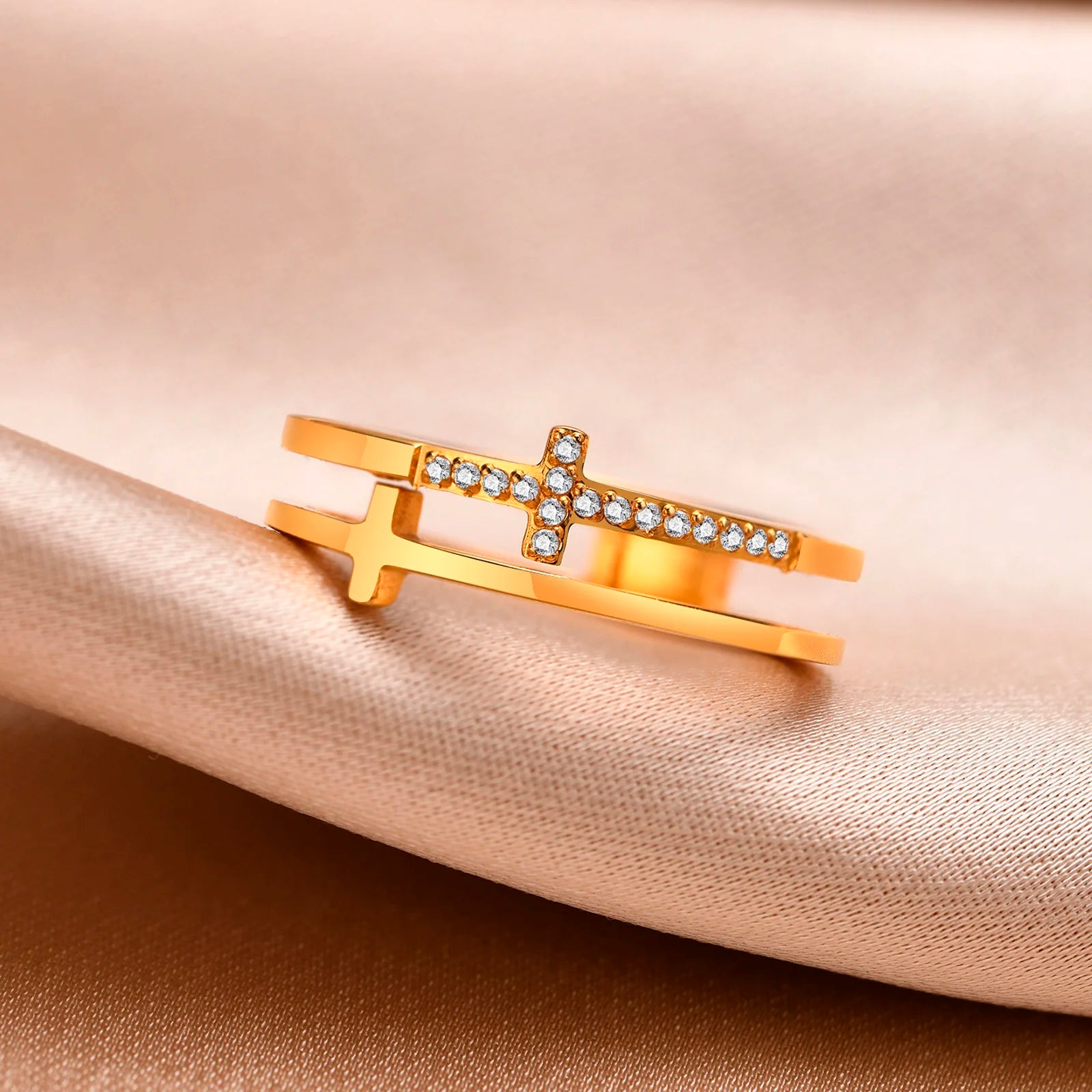 Anillo de Doble Cruz con Circonitas Acero Inoxidable para Mujer