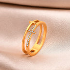 Anillo de Doble Cruz con Circonitas Acero Inoxidable para Mujer