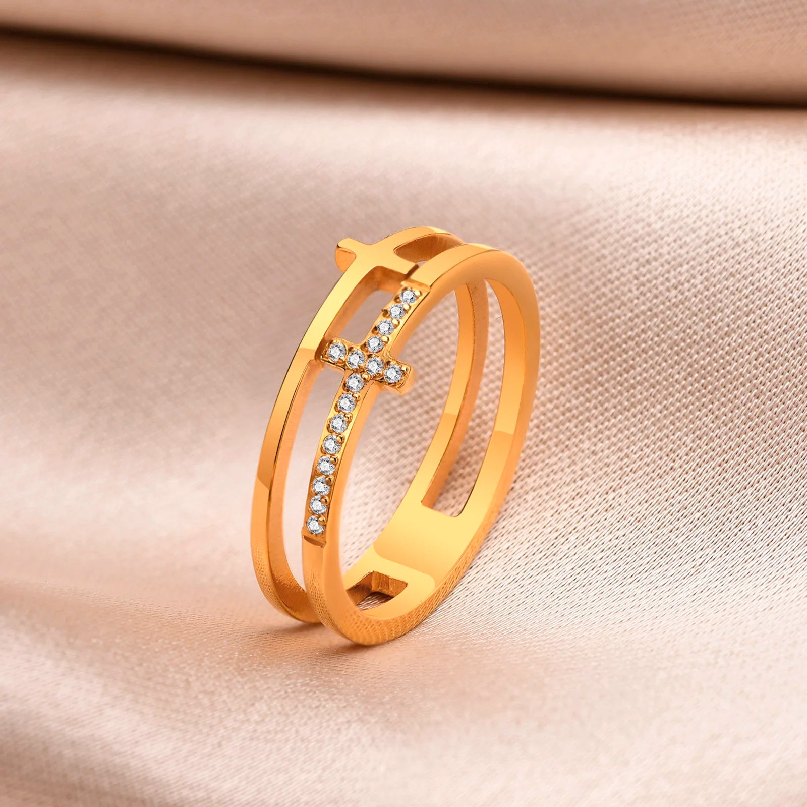 Anillo de Doble Cruz con Circonitas Acero Inoxidable para Mujer