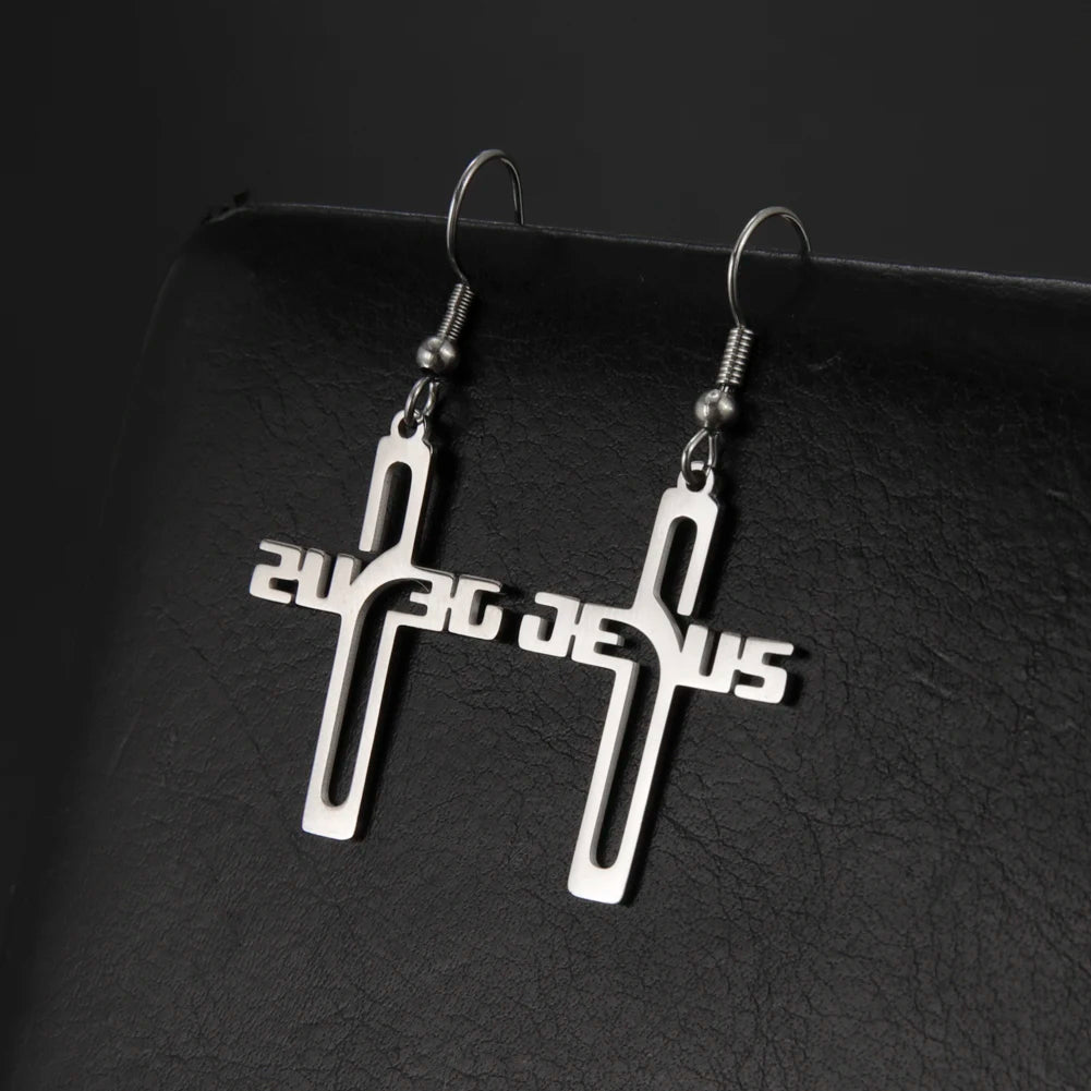 Pendientes de Cruz con Nombre de Jesús en Acero Inoxidable