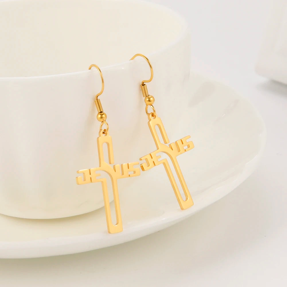 Pendientes de Cruz con Nombre de Jesús en Acero Inoxidable