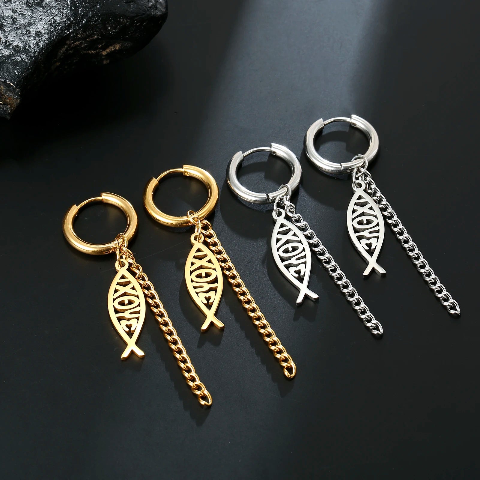 Varios Pendientes de Aro con Cadena y Pez Ichthys en Acero Inoxidable