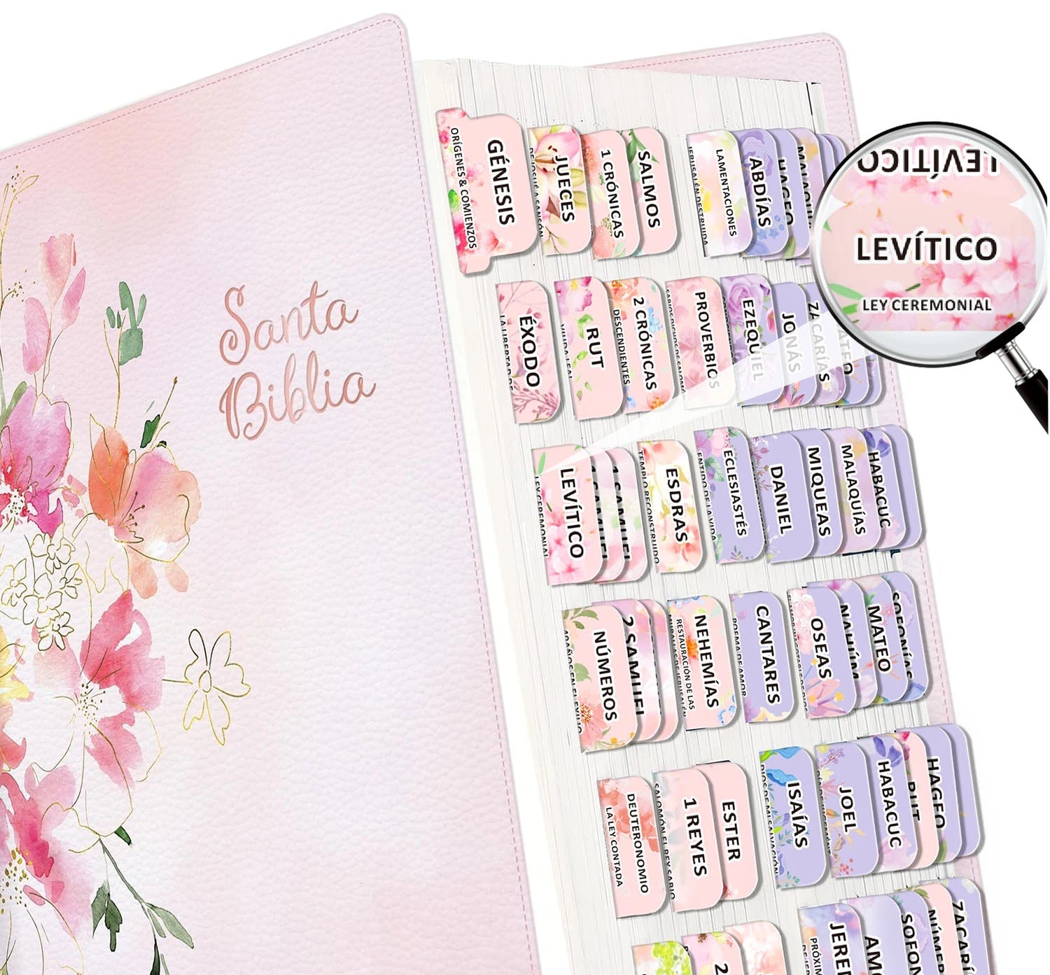 Pestañas para Biblia en Español (80 Piezas) - Índice Floral Laminado para Estudio Bíblico
