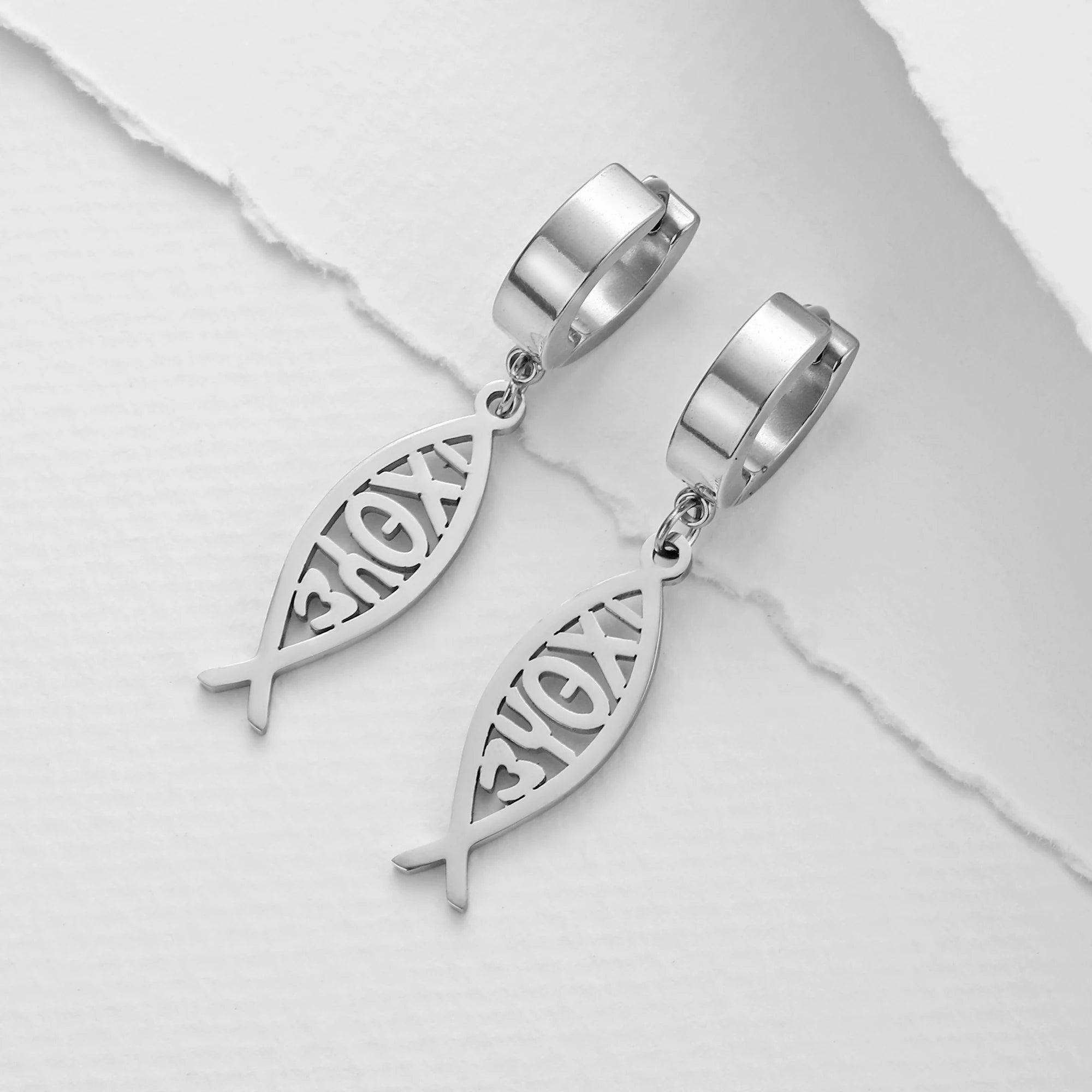 Varios Pendientes de Aro con Cadena y Pez Ichthys en Acero Inoxidable