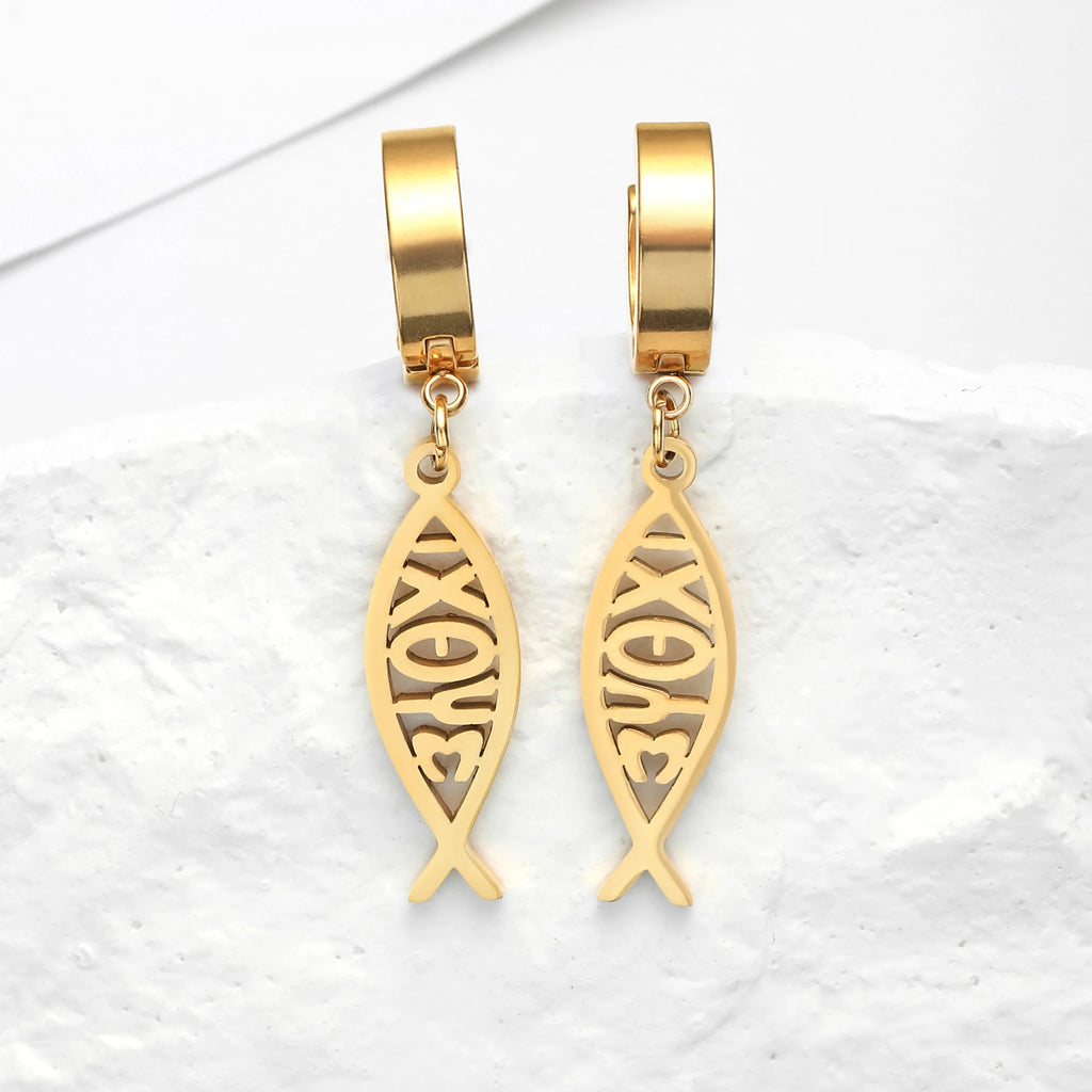 Varios Pendientes de Aro con Cadena y Pez Ichthys en Acero Inoxidable