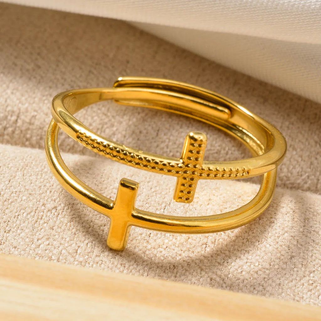 Anillo de Cruz para Mujer en Acero Inoxidable con Baño de Oro 18k