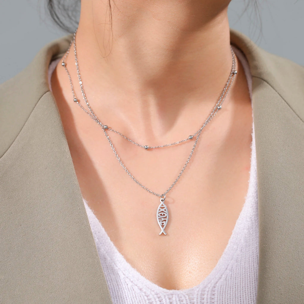 Collar Doble Capa Pez Ichthys Griego Acero Inoxidable para Mujer