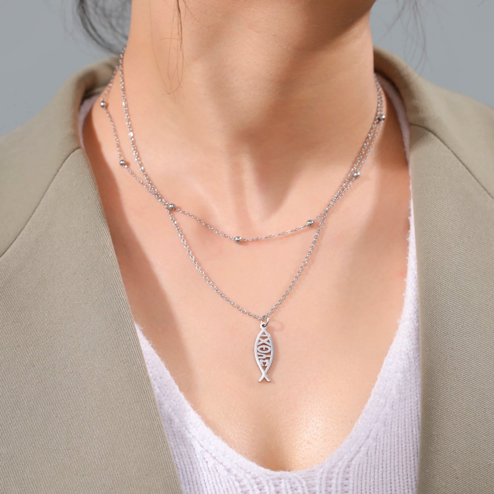 Collar Doble Capa Pez Ichthys Griego Acero Inoxidable para Mujer