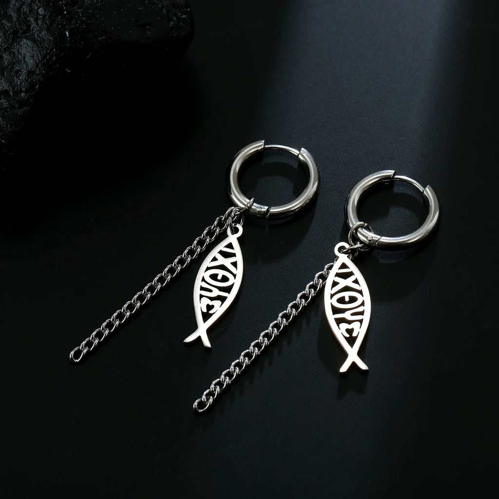 Varios Pendientes de Aro con Cadena y Pez Ichthys en Acero Inoxidable
