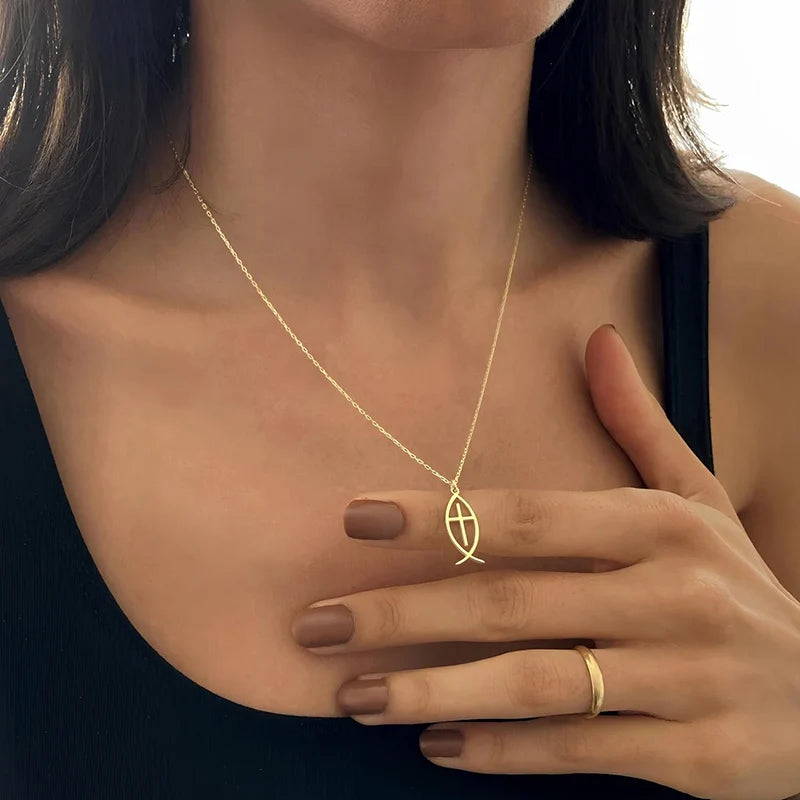 Collar de Pez Ichthys con Cruz de Fe Cristiana